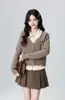 Cardigan de Tricô Retro Falso Duas Peças para Mulheres Primavera & Outono 2025 Novo Estilo Maillard Gola Polo Jaqueta Suéter Top Curto