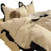 Conjunto de lençol de algodão lavado com bolinhas rosa estilo Hepburn, conjunto de quatro peças, conjunto de capa de edredom com renda, conjunto de cama de três peças