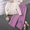 Comercio Exterior Ropa Infantil Primavera Nueva Moda Dulce y Elegante Cuello en V Encaje Ganchillo Manga Larga Top y Pantalones Conjunto para Niñas