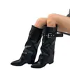 Botas de tacón alto de caña larga, estilo coreano, negras, nueva colección de otoño, con hebilla de cinturón, botas largas, botines de mujer, punta redonda, tacón grueso