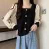 T-shirt Básica Feminina Manga Longa Gola Quadrada Plus Size Estilo Ocidental Peça Falsa Dupla Costura de Laço Emagrecedor Top
