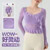 Top Deportivo de Malla Irregular para Mujer con Mangas Largas, Borde Fruncido, Ajuste Delgado, para Yoga, Pilates, Ropa Exterior, con Almohadillas en el Pecho.