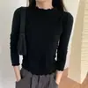Ropa de mujer, estilo Dongdaemun coreano, top básico de color liso de alta calidad, dobladillo ondulado, corte ajustado, favorecedor, tejido suave, camiseta de manga larga
