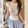 Camiseta de Punto para Mujer Hombro Derecho Manga Corta Gato Dulce Caliente Verano 2025 Nuevo Aspecto Adelgazante Top para la Cintura