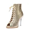 Salto de Cristal Transparente Sapatos de Salto Alto para Dança de Jazz Europeus e Americanos Sapatos Especiais para Dança Tira de Boca de Peixe Botas Curtas Sapatos de Dança para Exportação