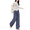 Pantalones de Cuadros Azules de Verano para Mujer, Nuevo Estilo Primavera y Otoño 2025, Pantalones Anchos de Cuadros de Cintura Alta para Mujer Petite