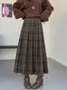 Falda Larga de Lana Retro Plisada a Cuadros con Cintura Elástica para Mujer Nueva Falda Casual de Otoño e Invierno