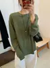 Nueva Camiseta de Rayas de Manga Larga para Mujer Primavera y Verano 2026, Verde Oscuro Retro, Caída Suelta, Estilo Perezoso, Camiseta Básica Estilo Coreano