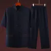 Traje Tang de Verão para Homens, Meia-idade e Idosos, Conjunto Casual de Manga Curta, Roupa de Algodão e Linho Estilo Chinês para Tai Chi, Roupa Solta para Vovô