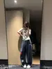 Calça Jogger Casual Bordada com Letra Estilo Retrô Americano para Mulheres com Cintura Elástica, Calça Reta de Perna Larga, Calça Solta com Caimento Longo até o Chão