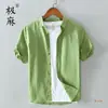 Extremamente linho fresco básico casual manga curta camisa de linho de algodão masculino estilo japonês verão solto camisa de linho artístico para a juventude