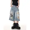 Shorts jeans estilo retrô americano, com lavagem desgastada, rasgos e orelhas de gato, calças cropped estilosas de corte A, modelo solto, novidade da moda para o outono