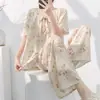 Pijama de Algodão e Seda de Alta Qualidade para Mulheres, Novo Estilo Primavera e Verão 2026, Roupa de Casa de Manga Curta, Pode Ser Usado Fora, Conjunto de Duas Peças Estilo Chinês, Tamanho Grande