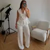 Conjunto de Dos Piezas para Verano 2025 Exportación Europea y Americana con Look Adelgazante de Cintura Cómodo Holgado Versátil Botón Sin Mangas Cuello en V Top y Pantalones