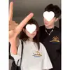 Conjunto de Verano Ajustado para Pareja de Algodón Peinado Puro Marca de Moda Versátil Suelta de Manga Corta Camiseta de Diseñador de Nicho para Mujer