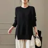 Suéter tejido casual de cuello redondo para mujer, engrosado, con abertura, color liso, corte holgado, top de moda estilo coreano para mujer