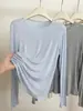 Camiseta Básica Ligera de Tencel Modal en Stock para Mujer, Top Redondo de Seda y Lana, Camiseta de Manga Larga, Ligeramente Transparente