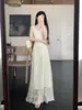 Vestido de tirantes estilo francés para mujer, Nuevo modelo de verano 2026, Patchwork de malla, Vestido ultra etéreo, Estilo vacacional, Vestido largo acampanado