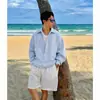 Camisa listrada azul de manga longa, estilo duas peças, para homens, outono, estilo americano, polo relaxado, moletom sem capuz, corte clean