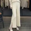 Pantalones de punto para mujer de lana 100%, de pierna ancha, ajustados, de cintura alta, con hebilla, color liso, sólidos, de moda, para ir al trabajo