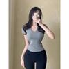 Playera de Manga Corta con Cuello en V Sexy Nuevo Dongdaemun de Corea del Sur Ajustada Look Adelgazante Camiseta Básica Top Color Puro Versátil