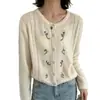 Suave y lujoso, cárdigan de forro polar con bordado floral y cuello redondo, suéter de punto para mujer de otoño e invierno