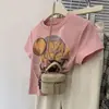 Camiseta de Manga Corta para Mujer, Diseño de Verano, Algodón Puro de Nicho, Hombro Normal, Estilo Retro Americano, Corte Ajustado, Top Corto Elegante con Cintura Fruncida