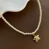 Colar feminino de pérolas de água doce retrô simples europeu e americano, com estrela geométrica de cinco pontas e zircônia incrustada, corrente de clavícula dourada
