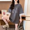 Camiseta popular de estilo con encaje y estampado de manga corta para mujer, verano, nueva moda, largo medio, holgada, de media manga