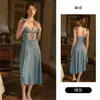 Elegante y sexy camisón de satén y encaje que ciñe la cintura, con abertura lateral, copas incorporadas y un atractivo transparente, estilo largo para estar en casa J3036