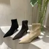 Botas Stretch Bico Fino Salto Agulha Outono/Inverno 2024, Botas de Cano Médio Slim de Celebridade da Internet, Botas de Cano Curto com Forro de Camurça de Salto Alto para Trabalho