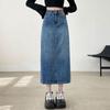 Falda de mezclilla de moda con abertura trasera para mujer, largo medio, diseño de moda, marca de cuero, cintura alta, corte recto, línea A, largo medio, falda retro