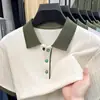 Nova Moda de Verão Camisa de Malha Masculina com Lapela de Manga Curta Solta Casual Jacquard Top de Meia-Manga para Homens de Meia-Idade