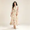 Vestido maxi transfronterizo con estampado de encaje, falda acampanada, cuello alto, mangas tipo linterna y diseño de cintura con cordón - ropa de mujer de otoño, suministro directo desde la fuente
