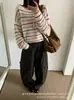Suéter de Punto de Rayas Perezosas Estilo Coreano para Mujer Primavera y Otoño Nuevo Holgado Adelgazante Cuello Redondo Jersey Top Versátil Prendas de Abrigo