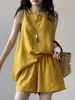Conjunto de shorts de lino para mujer, moda de verano, elegante, top sin mangas de espalda descubierta, pantalones casuales de pierna ancha, conjunto de dos piezas para mujeres petite