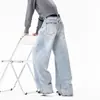 Calça jeans masculina estilo americano de rua com estampa de asa, perna curva, vibe de lavagem de outono, calça de cintura alta larga que emagrece