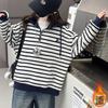 Conjunto de Moletom Listrado de Lã para Meninas Outono 2025 Novo Estilo Coreano Roupas Infantis para Meninas e Crianças Maiores Blusa com Capuz