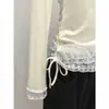 Blusa Base com Gola Meia-Alta Patchwork de Renda para Mulheres, Camada Interna franzida que afina a cintura para Outono e Inverno, Camiseta de Manga Longa com Babados que Rejuvenesce