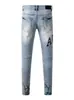 Marca de moda de alta costura transfronteriza, nuevo estilo, parche de letras, color claro, desgastado, corte ajustado, jeans rotos para hombres a la moda