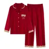 Novos Pijamas de Primavera/Outono para Mulheres, Algodão Puro Confortável, Manga Longa, Calça Longa, Corte Amplo, Gola Lapela, Vermelho, Ano do Rato, Cardigã, Roupa de Casa