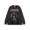 Camiseta estilo americano com estampa de caveira demoníaca, manga comprida, antiga, solta, masculina e feminina, gola redonda