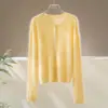 Cardigan de Tricô Escovado com Mistura de Lã de Ovelha e Cashmere, Novo Estilo Outono Inicial, para Mulheres, Gola Redonda, Camada, Top Estilo Preguiçoso