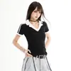 Camiseta de Manga Corta Estilo Retro Americano Chica Picante para Mujer, Nuevo Verano 2026 Ajuste Delgado Cuello Solapa Top Corto Adelgazante