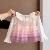 Vestido de dos piezas para bebé niña, color rosa degradado, para primavera y otoño, con cuello ondulado y tul esponjoso, para celebración de 100 días y primer cumpleaños