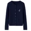Suéter de Cashmere 100% Puro Outono e Inverno Bordado Gola Redonda Cardigã Tricotado Jaqueta Suéter Curta Feminina Top Externo