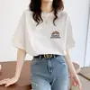Nova coleção de verão: Camiseta feminina de algodão puro de manga curta, estilo coreano, corte solto, top versátil, gola redonda, perfeita para usar em camadas, moderna e estilosa
