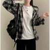 Chaqueta Camisera a Cuadros Retro de Estilo Coreano con Diseño Holgado, Capucha Empalmada y Manga Larga para Mujer