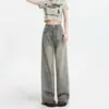 Jeans Americano Streetwear Cáqui de Perna Larga para Mulheres Primavera/Outono 2026 Solto de Cintura Alta Perna Reta Micro Flare Calça Longa