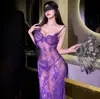 Lencería Sexy Morada Camisón con Liguero Conjunto para Mujer Uniforme Sexy de Encaje Tentación Deseo Puro Atuendo Transparente para Mujeres Casadas